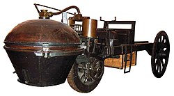 Cugnot's 1771 fardier à vapeur, as preserved at the Musée des Arts et Métiers, Paris