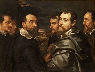 Self-Portrait in a Circle of Friends from Mantua by Rubens, 1602–1606. Galilei is the third man on the left. The picture depicts the Aurora Borealis in the distance.
