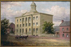 The university in 1833 at its location on 3rd Avenue in downtown Pittsburgh