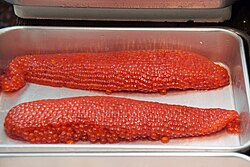 Salmon eggs being sold at Tsukiji fish market in Tokyo, Japan