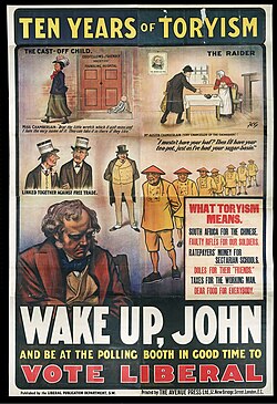 Liberal Party poster for the 1906 UK general election, criticizing the Conservative Party for supporting the introduction of indentured Chinese laborers into South Africa.