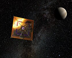 IKAROS, the first space-probe with a solar sail in flight (artist's depiction), featuring a typical square sail configuration of almost 200 m2
