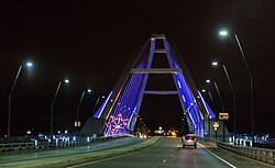 Lowry Bridge in Minneapolis illuminated in purple, in remembrance of Prince