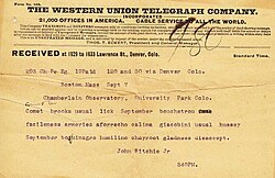 A telegram from 1896 reporting astronomical observations of two comets. The random words represent numbers, taken from a predefined list, in order to prevent transcription errors during transmission.