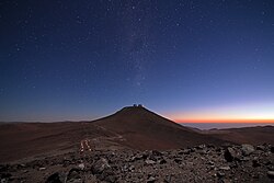 The Milky Way is visible over the Very Large Telescope, demonstrating clear atmosphere above Paranal Observatory.[13]
