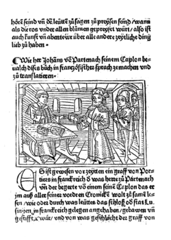 1474: The customer in the copyist's shop with a book he wants to have copied. This illustration of the first printed German Melusine looked back to the market of manuscripts.