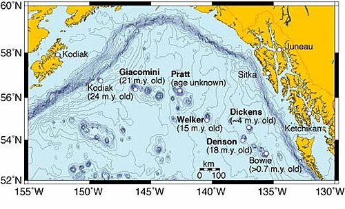 Over millions of years, the Pacific Plate has moved over the Bowie hotspot, creating the Kodiak–Bowie Seamount chain in the Gulf of Alaska.
