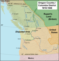 The Oregon Country/Columbia District stretched from 42'N to 54 40'N. The most heavily disputed portion is highlighted.