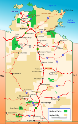 Northern Territory towns, settlements and road network.