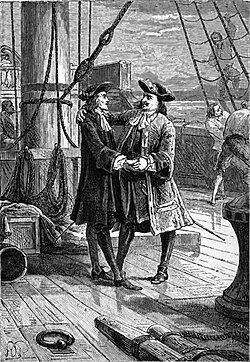 William Dampier (left) and Charles Swan (right) aboard the latter's ship Cygnet, as illustrated in a work by Jules Verne. Dampier was the first visitor to Christmas Island in 1688.