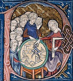 Illuminated letter P at the beginning of Adelard of Bath's translation of Euclid's Elements, which starts "Punctum est illud cui pars non est" (A point is that which has no part).[1] Geometry is shown personified as a woman, following Martianus Capella's De nuptiis Philologiae et Mercurii.[2]