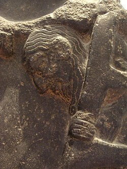 Prisoner in a cage, probably King Lugalzagesi of Uruk, being hit on the head with a mace by Sargon of Akkad.[62] Akkadian Empire victory stele circa 2300 BC. Louvre Museum.