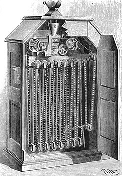 Interior view of Kinetoscope with peephole viewer at top of cabinet