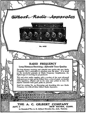 1922 advertisement for the A. C. Gilbert Company. WCJ's antenna, strung between a tower and a smokestack above the company's factory, is partly visible.[1]