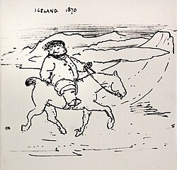Bilbo's character and adventures match many details of William Morris's expedition in Iceland.[75] 1870 cartoon of Morris riding a pony by his travelling companion Edward Burne-Jones