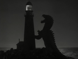 Scene from the 1953 film The Beast from 20,000 Fathoms, based on Bradbury's 1951 short story "The Fog Horn"
