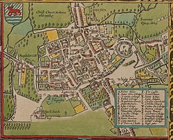 In 1605, Oxford was a walled city with several colleges outside the city walls (north is at the bottom).