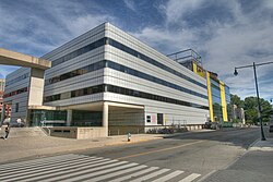 The 1985 MIT Media Lab building, designed by I.M. Pei, houses researchers developing novel uses of computer technology.