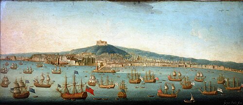 View of the Bay of Naples with Admiral Byng's Fleet at Anchor, 1718. Painting by Gaspar Butler.