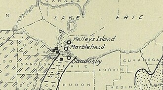 Map of gypsum deposits in northern Ohio, black squares indicate the location of deposits, from "Geography of Ohio", 1923