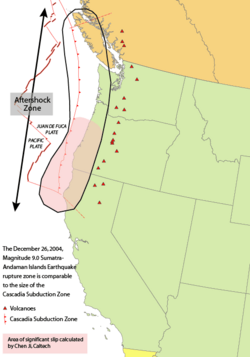 Area of the Cascadia subduction zone, including Cascade volcanoes (red triangles)