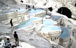 Travertine limestone terraces of Pamukkale, Turkey.