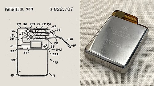 The first lithium-iodide cell-powered pacemaker. Invented by Anthony Adducci and Art Schwalm. Cardiac Pacemakers Inc. 1972[89]