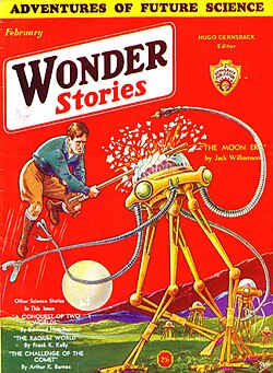 Williamson's "The Moon Era" was cover-featured on the February 1932 Wonder Stories.