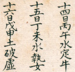 "牛", "女" and "虛" of 28-day cycle in an almanac, falling on Friday, Saturday and Sunday, respectively. (Line read from right to left)