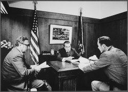 Kissinger and President Richard Nixon discussing the Vietnam situation in Camp David, 1972 (with Alexander Haig)