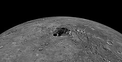 Composite of the north pole of Mercury, where a large volume of water ice lies in permanently dark craters.[80]