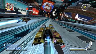 A screenshot from Wipeout HD. The series revolves around players piloting anti-gravity ships through futuristic race environments.