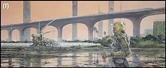 A climate fiction depiction of agriculture in India in 2500, with workers wearing protective suits to protect from extreme temperatures and unmanned surface vehicle tractors.