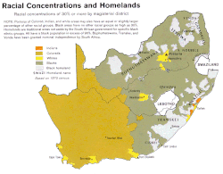 South Africa racial map, 1979. The orange colour shows where people of Indian origin were more prevalent. In other areas, such as those marked “Coloreds”, they were either a minority or not allowed to enter under apartheid laws.
