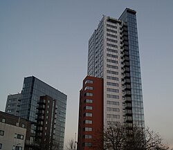 The Moresby tower and shorter Hawkins tower, part of the Admirals Quay development at Ocean Village