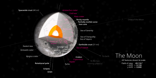 Moon's internal structure: solid inner core (iron-metallic), molten outer core, hardened mantle and crust. The crust on the Moon's near side permanently facing Earth is thinner, featuring larger areas flooded by material of the once molten mantle forming today's lunar maria.