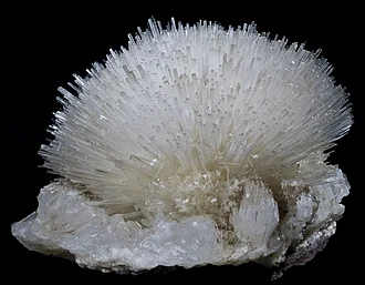 Natrolite is a mineral series in the zeolite group; this sample has a very prominent acicular crystal habit.