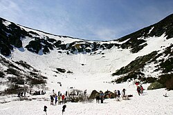 Tuckerman Ravine cirque, headwall and spring skiers, New Hampshire