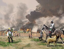 Hernando de Soto and his men burn Mabila, after a surprise attack by Chief Tuskaloosa and his people in 1540. Painting by Herb Roe, 2008