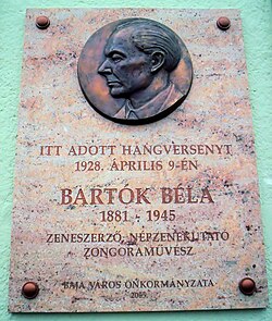 Béla Bartók memorial plaque in Baja, Hungary