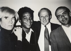 Warhol with Jean-Michel Basquiat, Bruno Bischofberger, and Francesco Clemente, 1984
