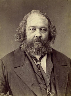 Russian anarchist Mikhail Bakunin opposed the Marxist aim of dictatorship of the proletariat in favour of universal rebellion and allied himself with the federalists in the First International before his expulsion by the Marxists[131]