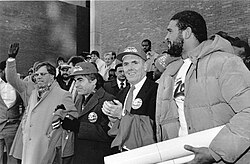Menino (far left) at a 1985 New England Patriots rally, alongside Governor Michael Dukakis, Mayor Raymond Flynn, and player Brian Holloway