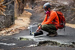 US Geological Survey volunteer tests for sulfur dioxide after the 2018 lower Puna eruption.