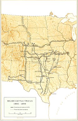 Map of major cattle trails between 1866-1890