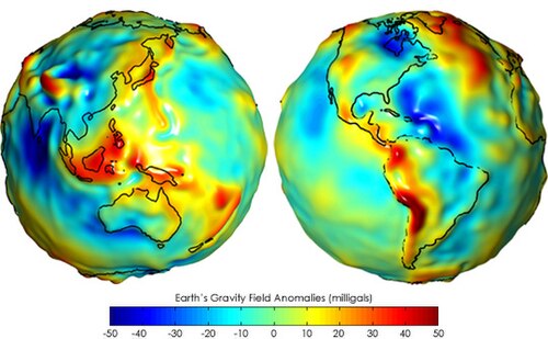 Earth's gravity measured by NASA GRACE mission, showing deviations from the theoretical gravity of an idealized, smooth Earth ellipsoid. The deviations toward stronger gravity are colored red; deviations toward weaker gravity are colored blue.[1][2]
