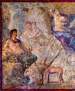 Endymion as hunter (with dog), sitting on rocks in a landscape, holding two spears, looking at Selene who descends to him. Antique fresco from Pompeii.