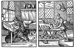 Woodcuts of the sixteenth century illustrating the production of the woodcut. At first, the artist sketches the picture. Second, he uses a chisel to dig the wood block to receive the ink.