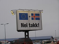 Eurosceptical advertising poster in 2013, Keflavík, Iceland with the text "No thanks!"