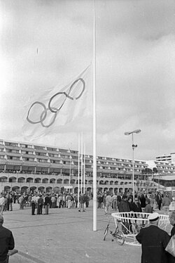 Olympic flag at halfmast in Kiel (host city of the sailing events), after the Munich massacre at 1972 Games